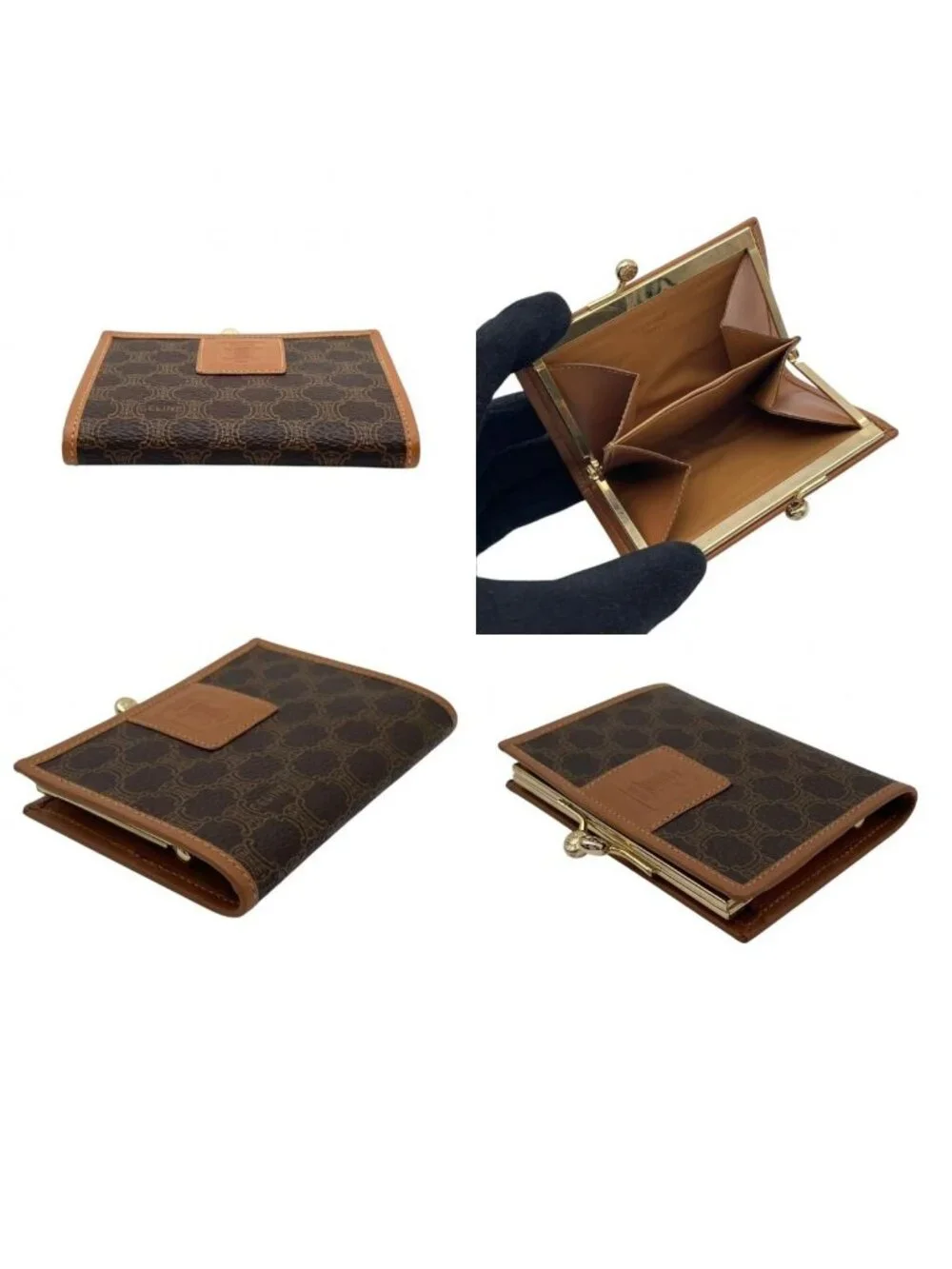 Celine Macadam Pattern Kiss Lock Bifold Wallet Vintage Mini Leather Brown Gold
